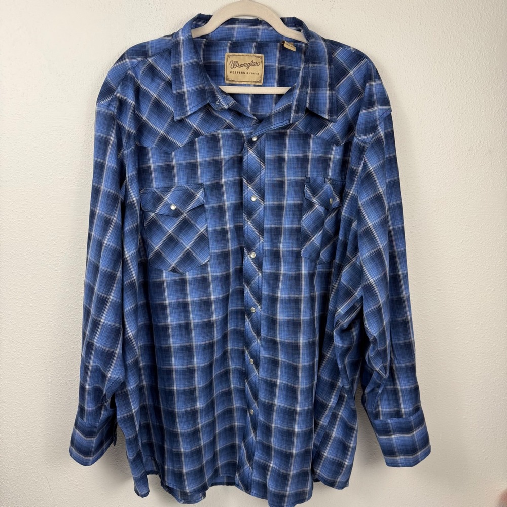 Wrangler Western Shirt Mens 3XL Blue Plaid Pearl Snap Long Sleeve Yoke Pockets